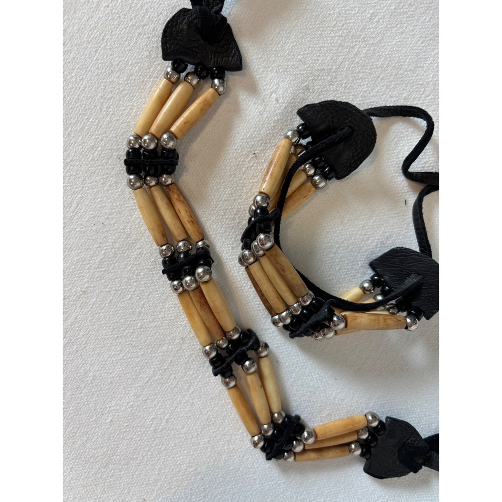 Native American Style Bone Hairpipe Choker and Bracelet Set Black Leather Tie